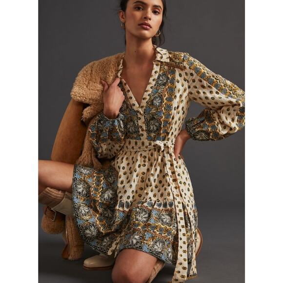 Anthro Floral Embroidered Mini Dress Pocket Long Sleeve Cotton Cream Blue XS New - Picture 1 of 14
